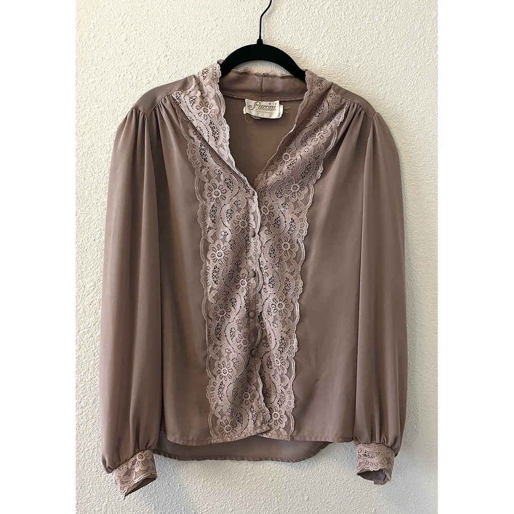 Vintage 80's Puccini Blouse Size10 Lacey Details Taupe Career Chic Button Up